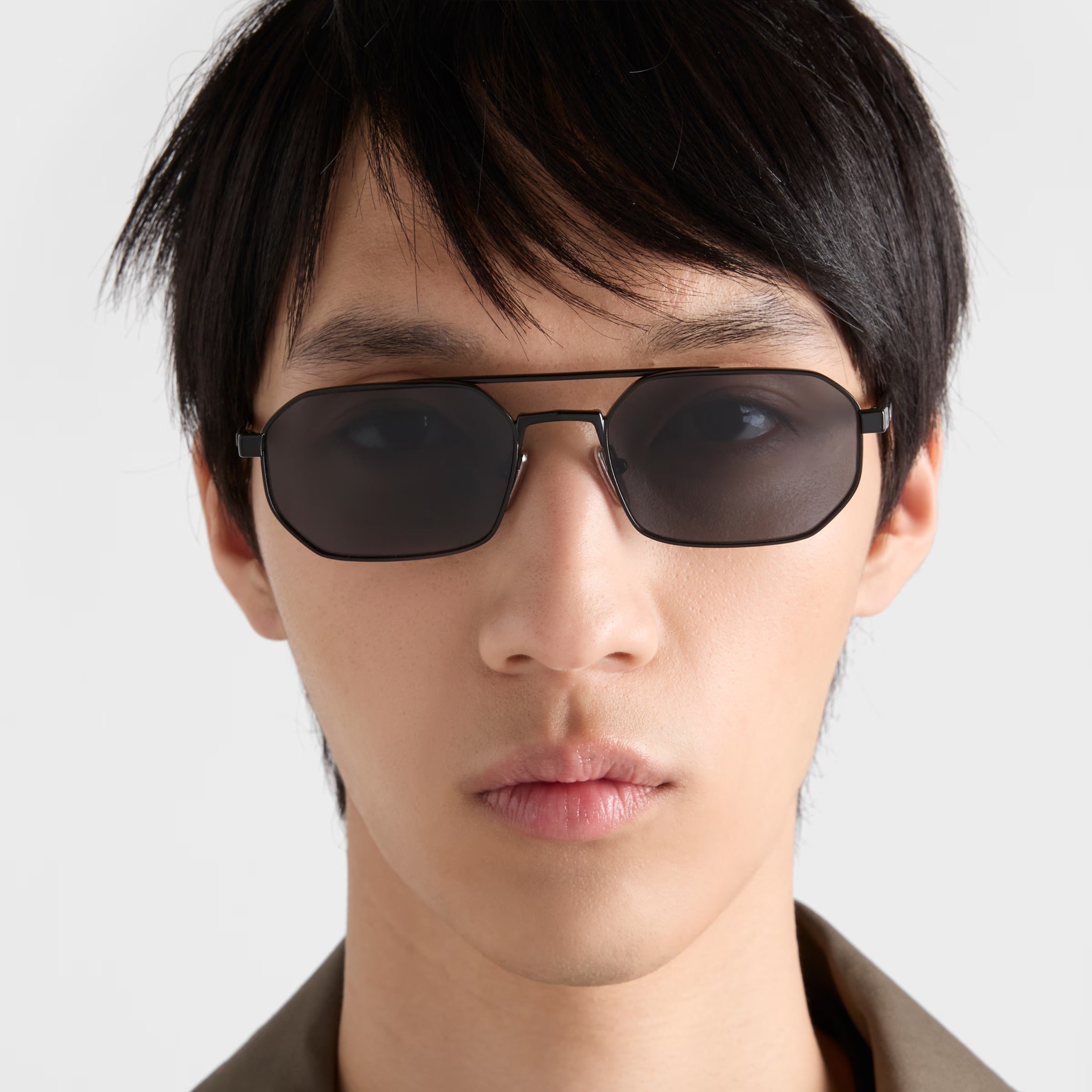 Prada Men Geometric Frame Brushed Black Sunglasses