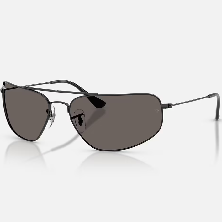 Ray Ban Men Rectangle Frame Polished Shiny Black Sunglasses
