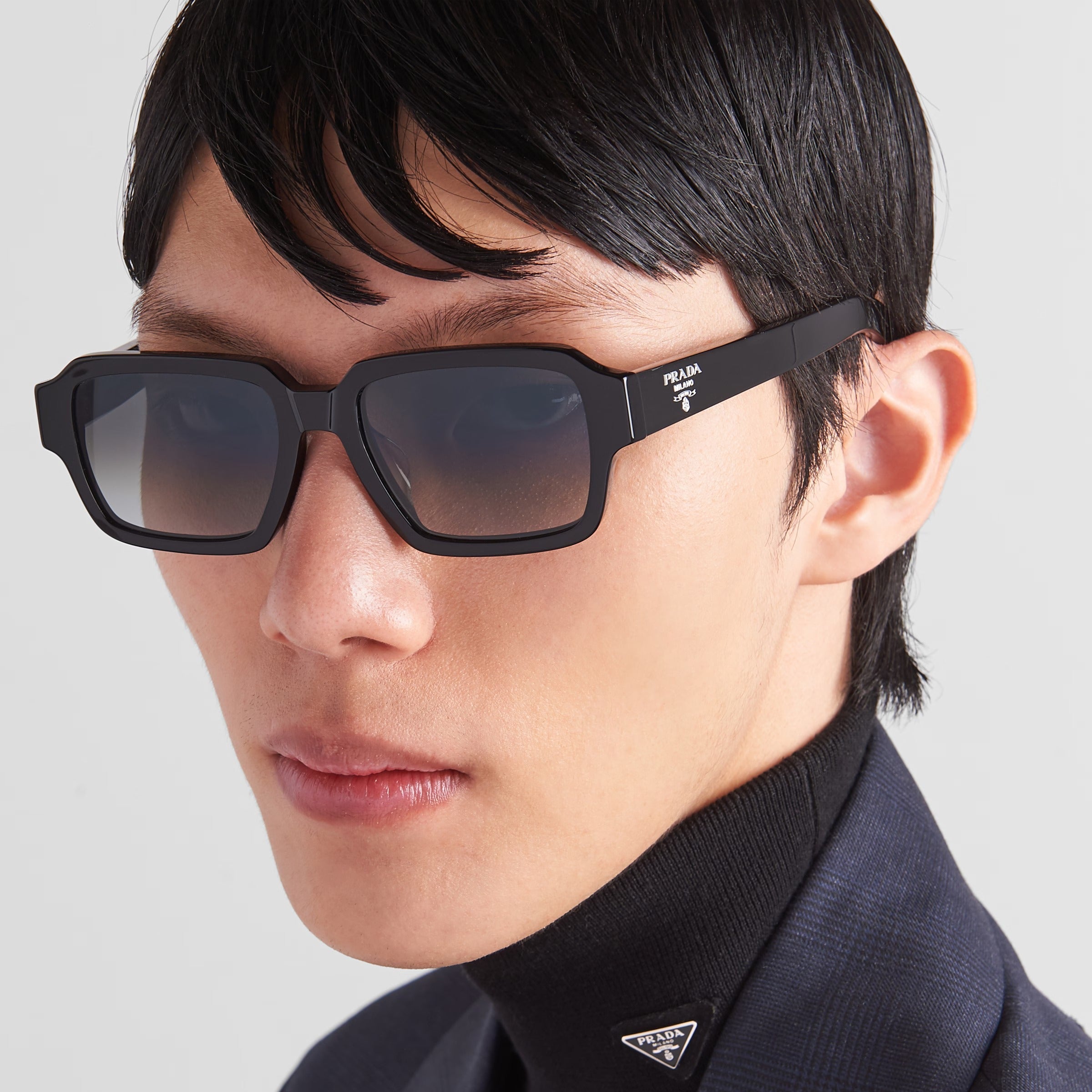 Prada Men Rectangular Frame Deep Black Sunglasses