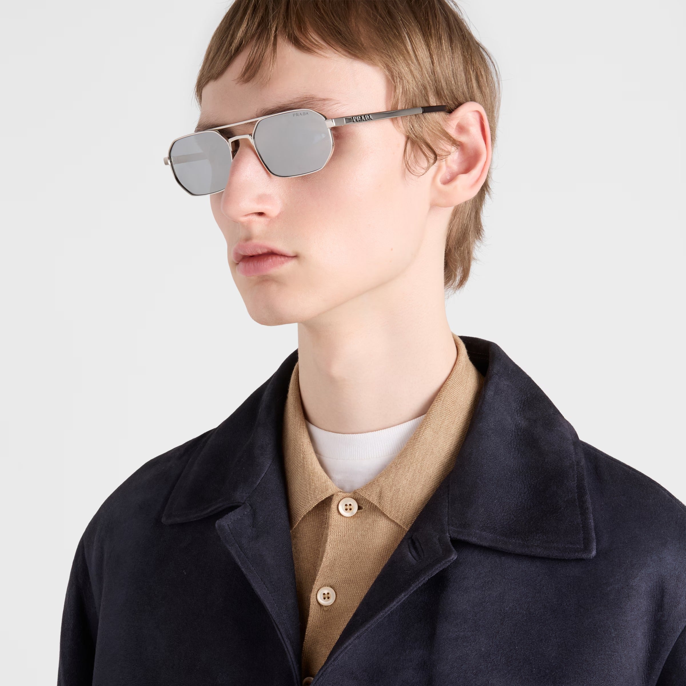 Prada Men Geometric Frame Silver Sunglasses