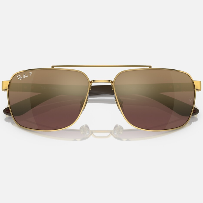 Ray Ban Men Rectangle Frame Shiny Matte Polished Gold Sunglasses