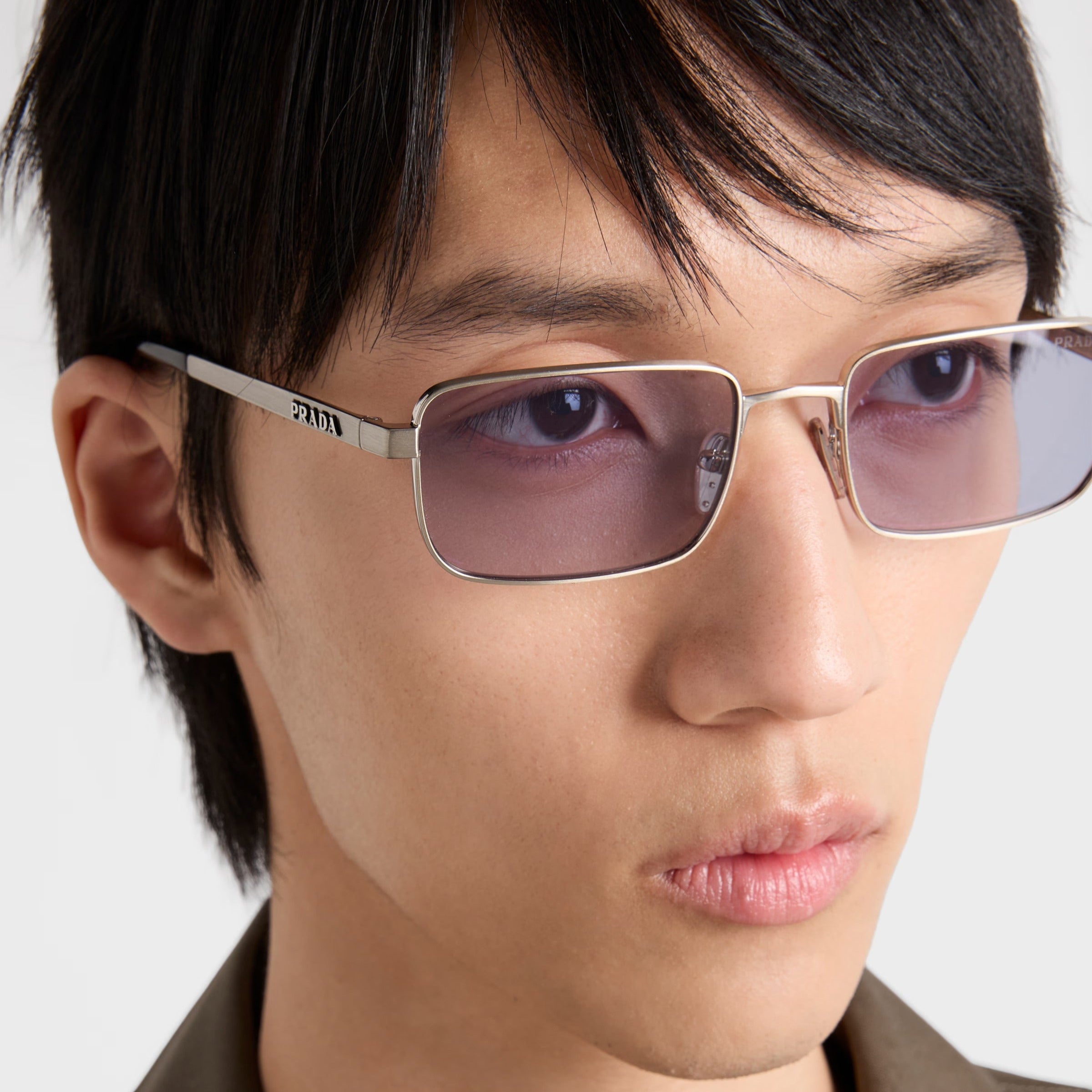 Prada Men Rectangular Frame Brushed Steel Sunglasses