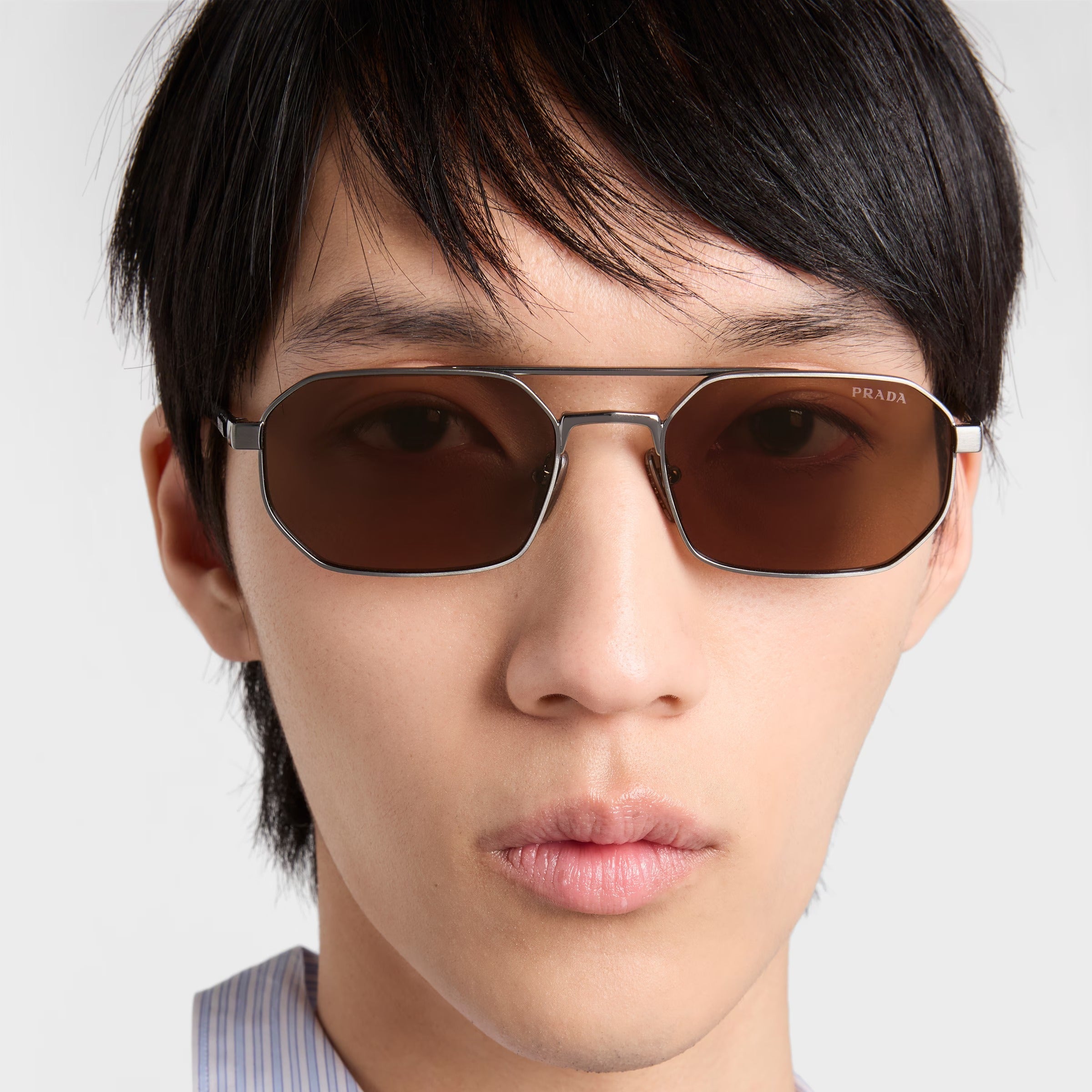 Prada Men Geometric Frame Gunmetal Sunglasses