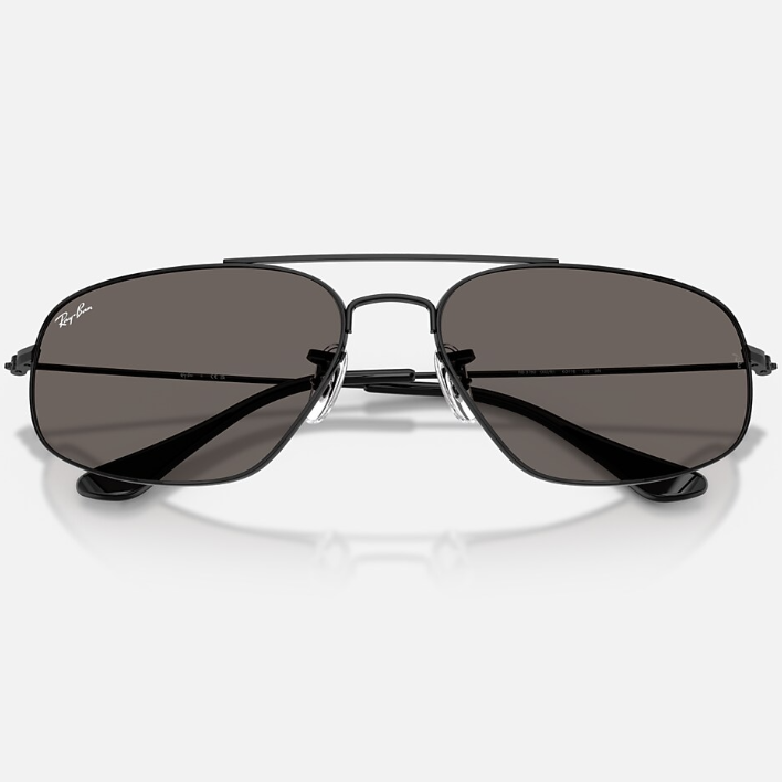 Ray Ban Men Rectangle Frame Polished Shiny Black Sunglasses