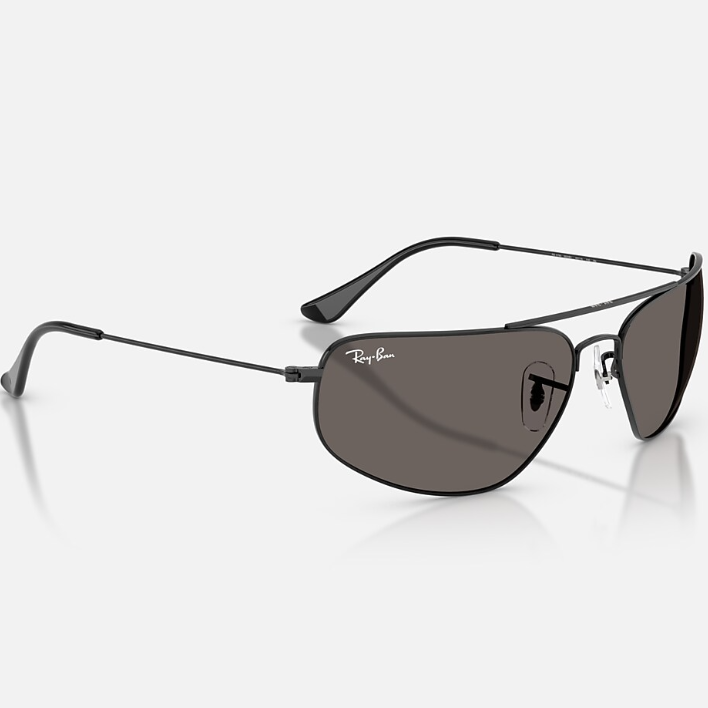 Ray Ban Men Rectangle Frame Polished Shiny Black Sunglasses