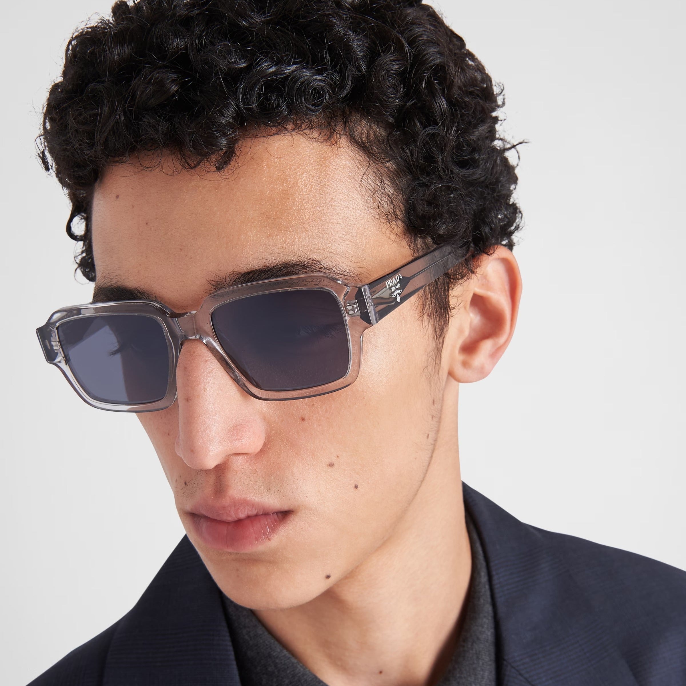 Prada Men Rectangular Frame Crystal Grey Sunglasses