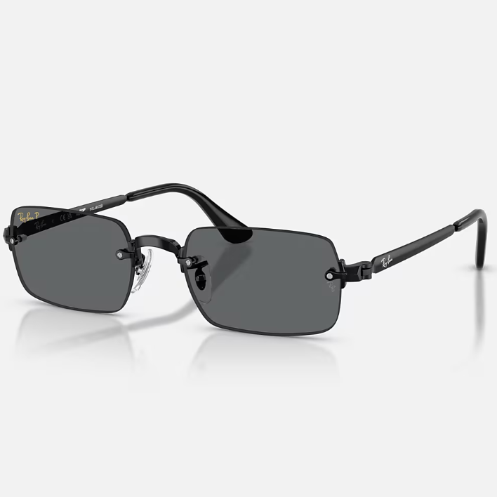 Ray Ban Men Rectangle Frame Shiny Polished Black Sunglasses