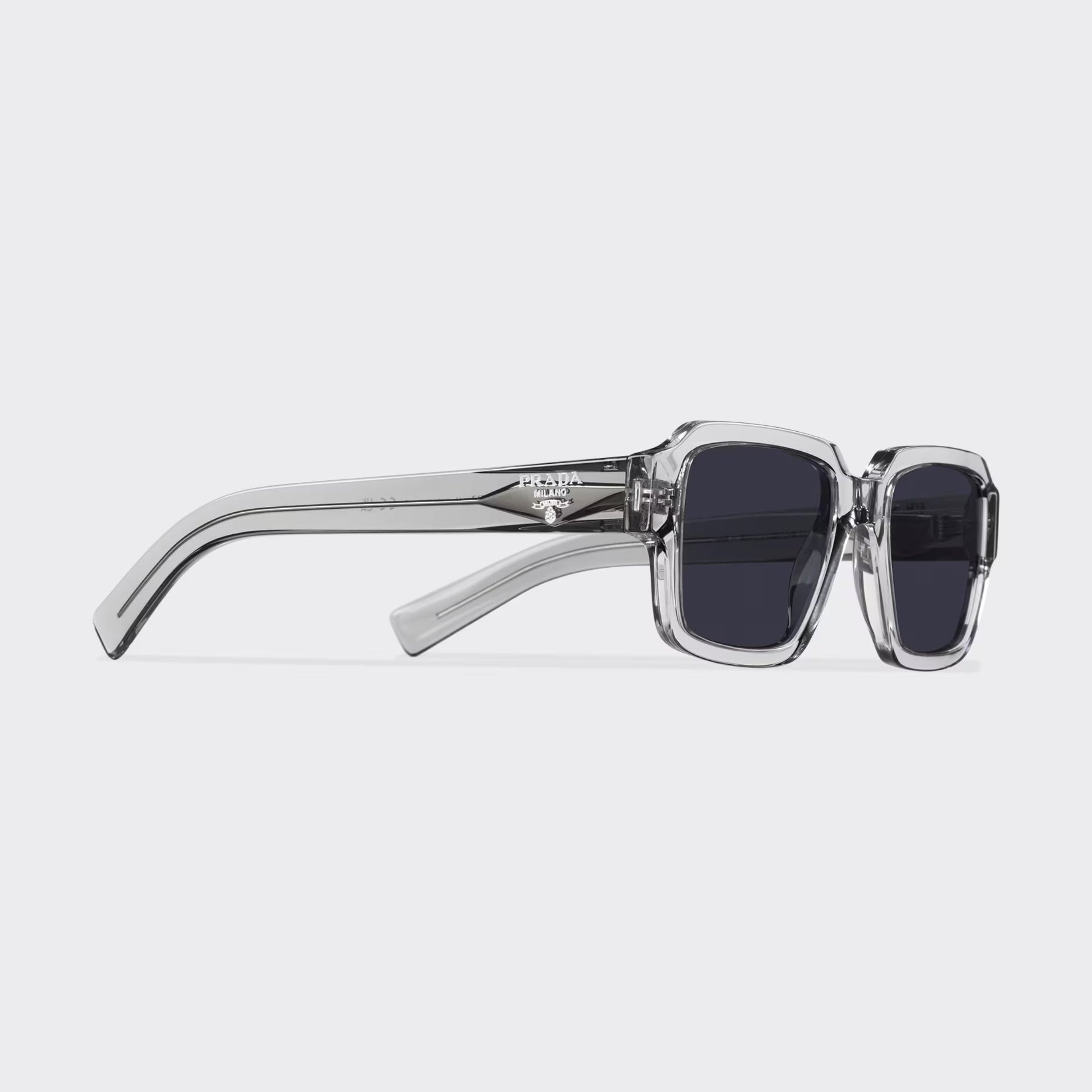 Prada Men Rectangular Frame Crystal Grey Sunglasses