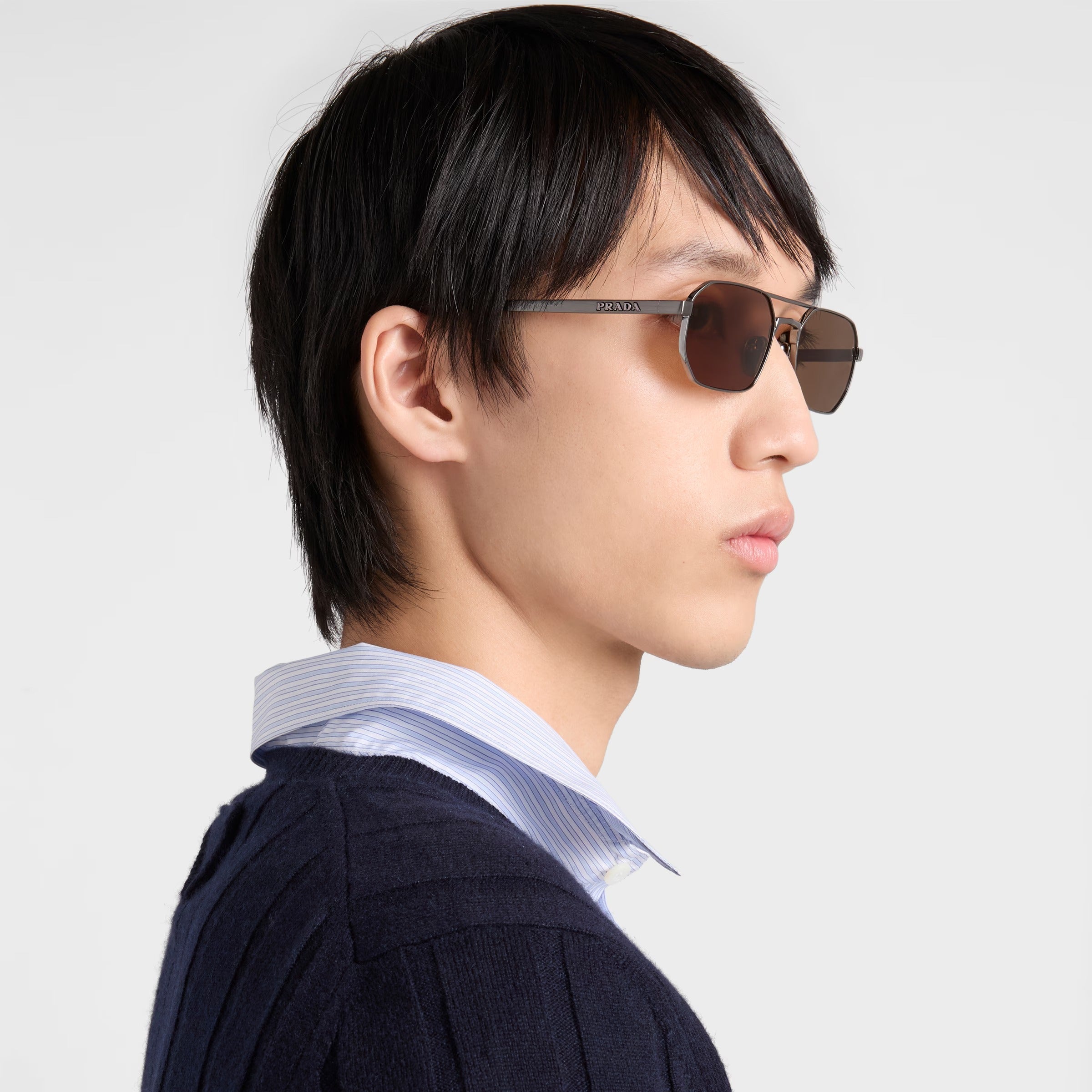 Prada Men Geometric Frame Gunmetal Sunglasses