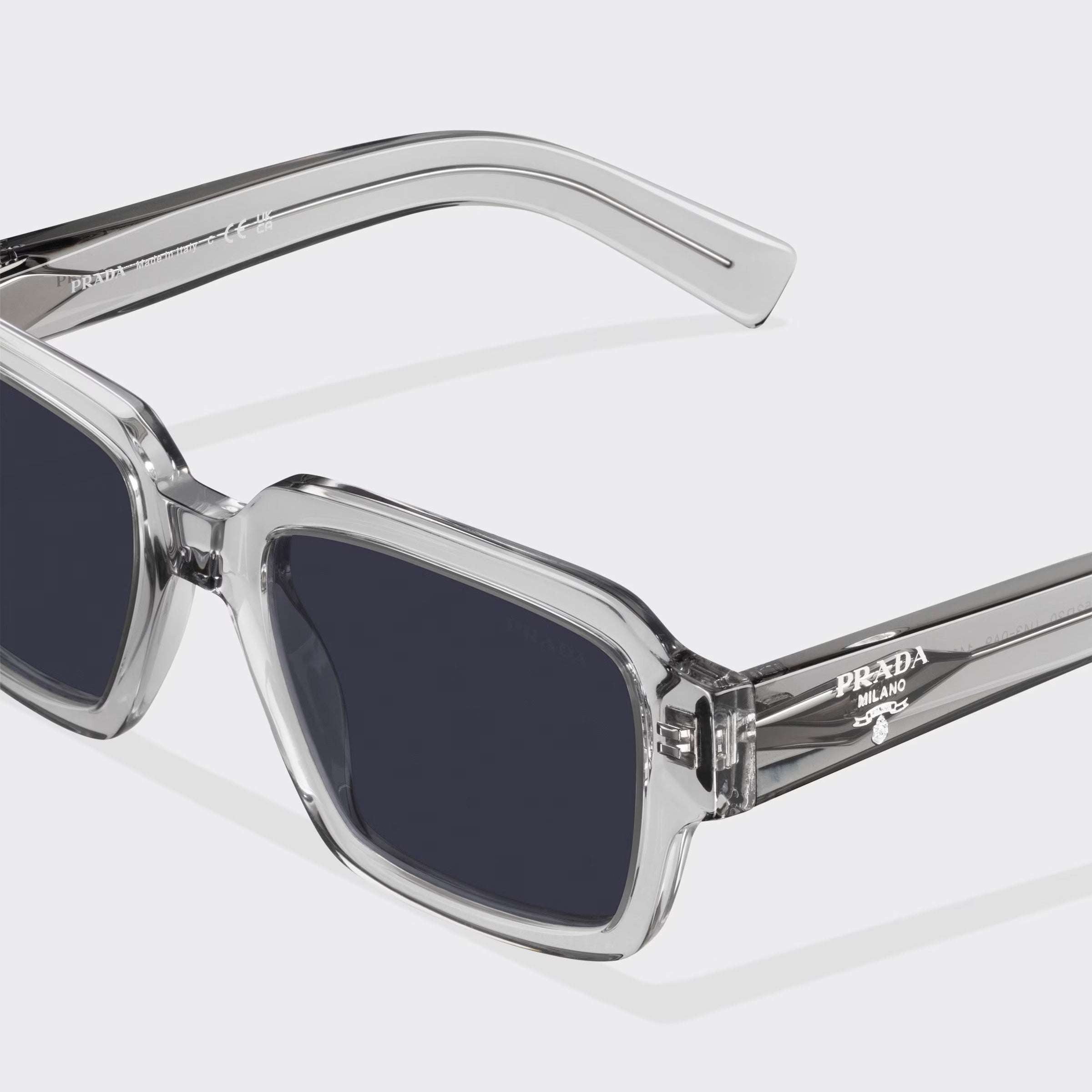 Prada Men Rectangular Frame Crystal Grey Sunglasses