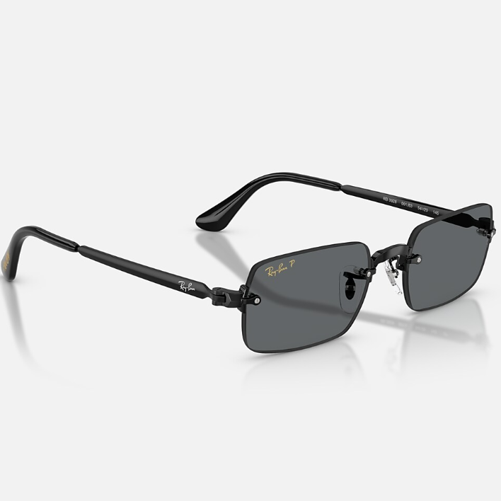 Ray Ban Men Rectangle Frame Shiny Polished Black Sunglasses