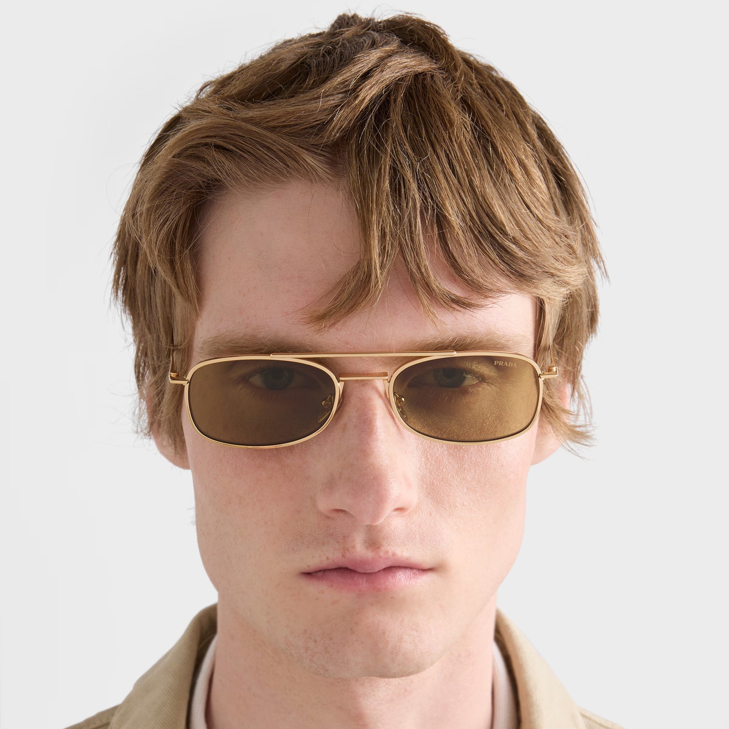 Prada Men Rctangular Frame Gold Sunglasses