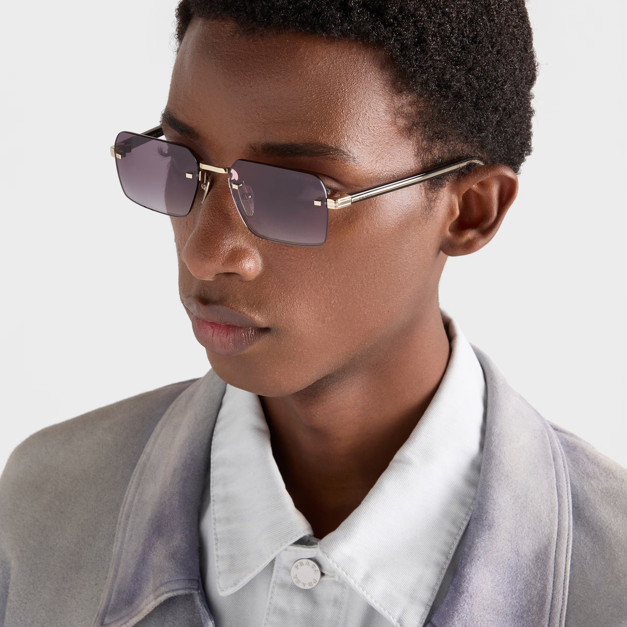 Prada Men Rectangular Frame Pale Gold Sunglasses