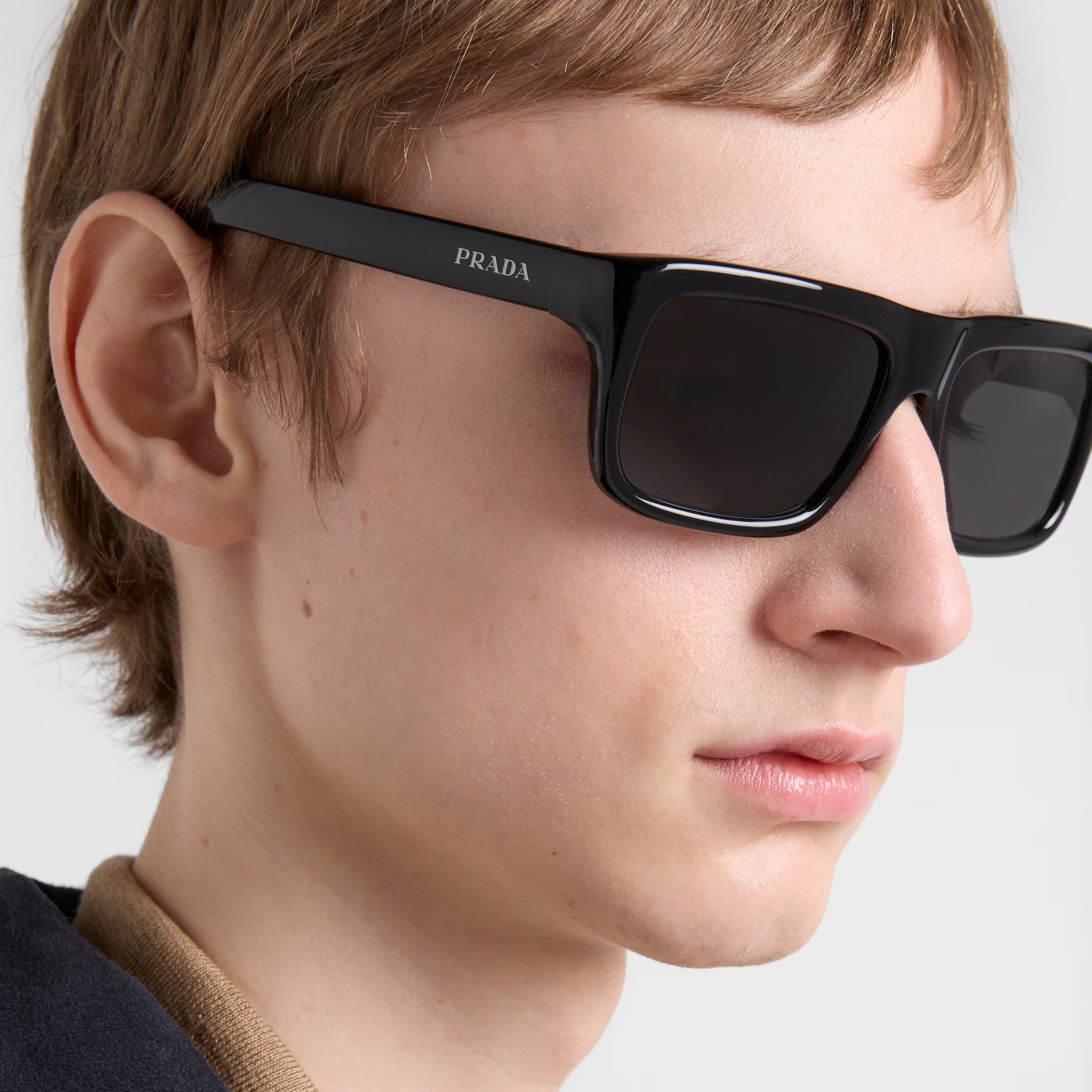 Prada Men Rectangular Frame Natural Black Sunglasses