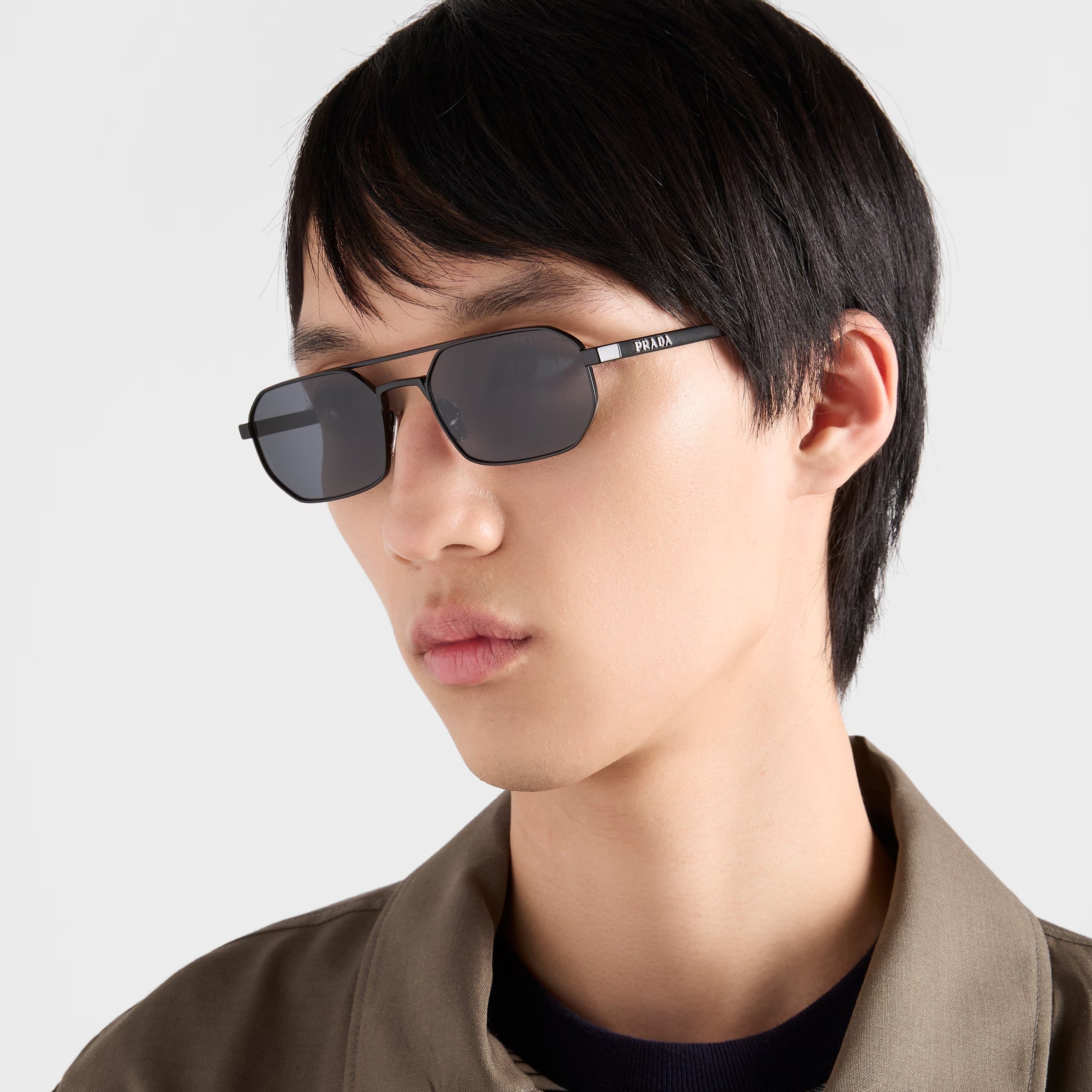 Prada Men Geometric Frame Brushed Black Sunglasses