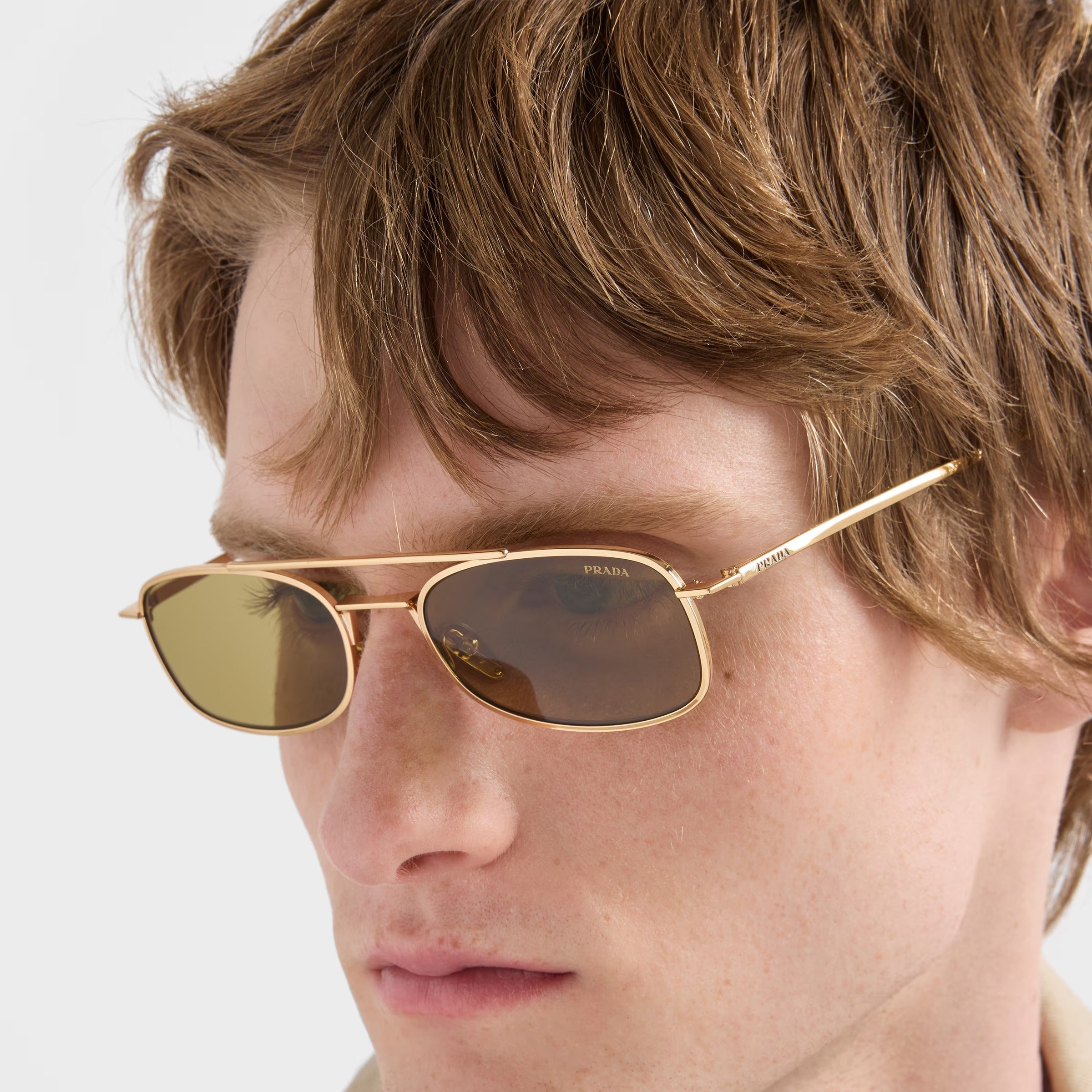 Prada Men Rctangular Frame Gold Sunglasses