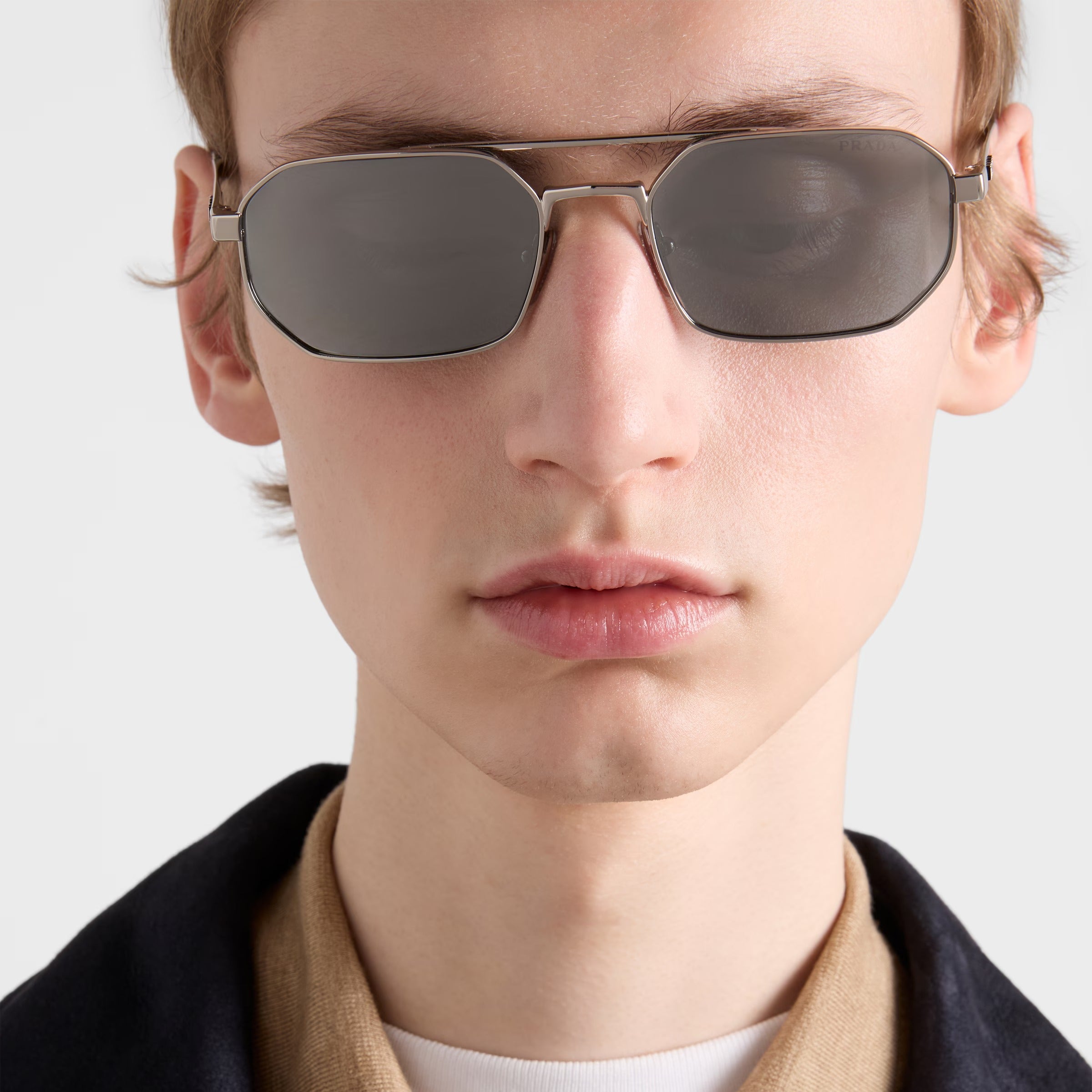 Prada Men Geometric Frame Silver Sunglasses