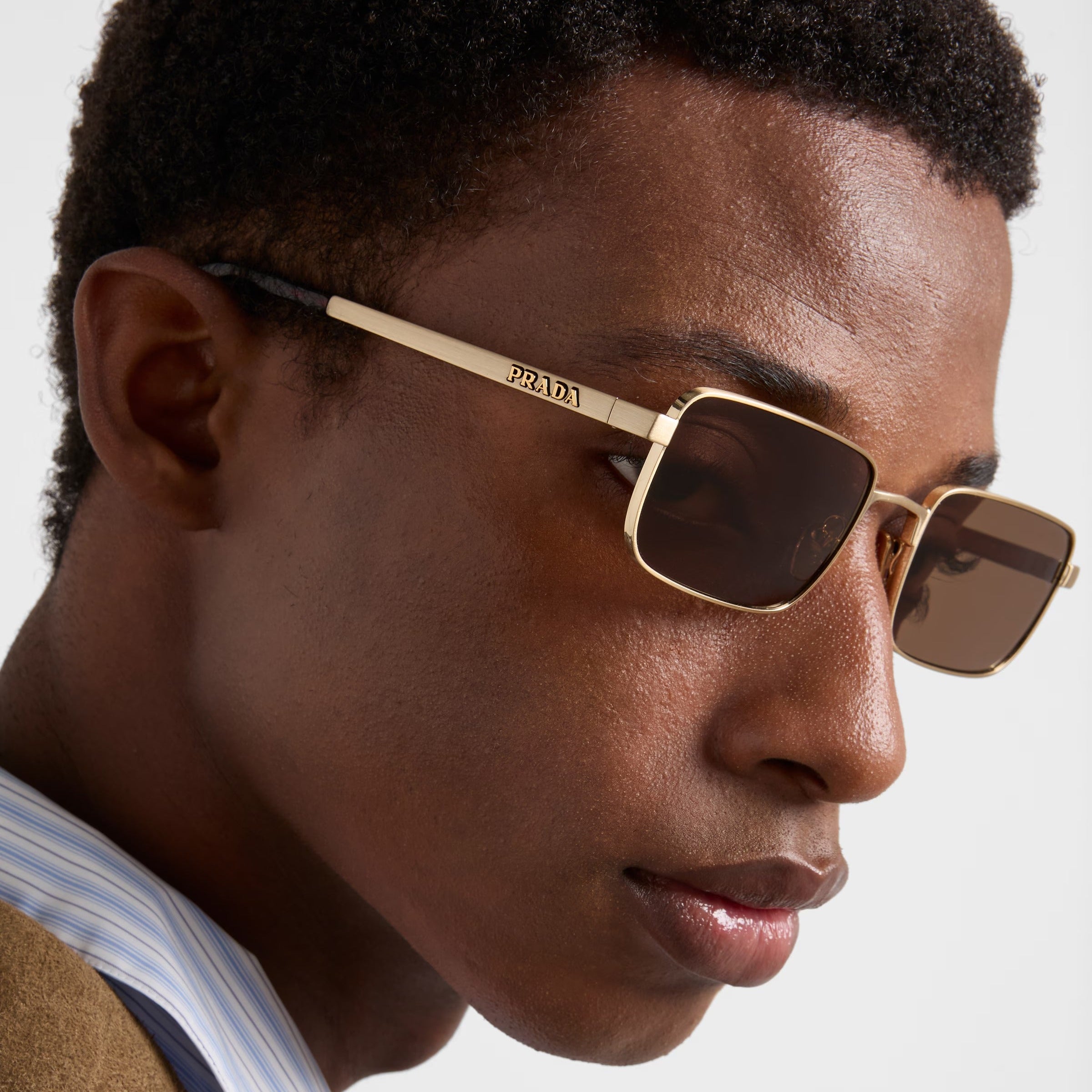 Prada Men Rectangular Frame Brushed Gold Sunglasses
