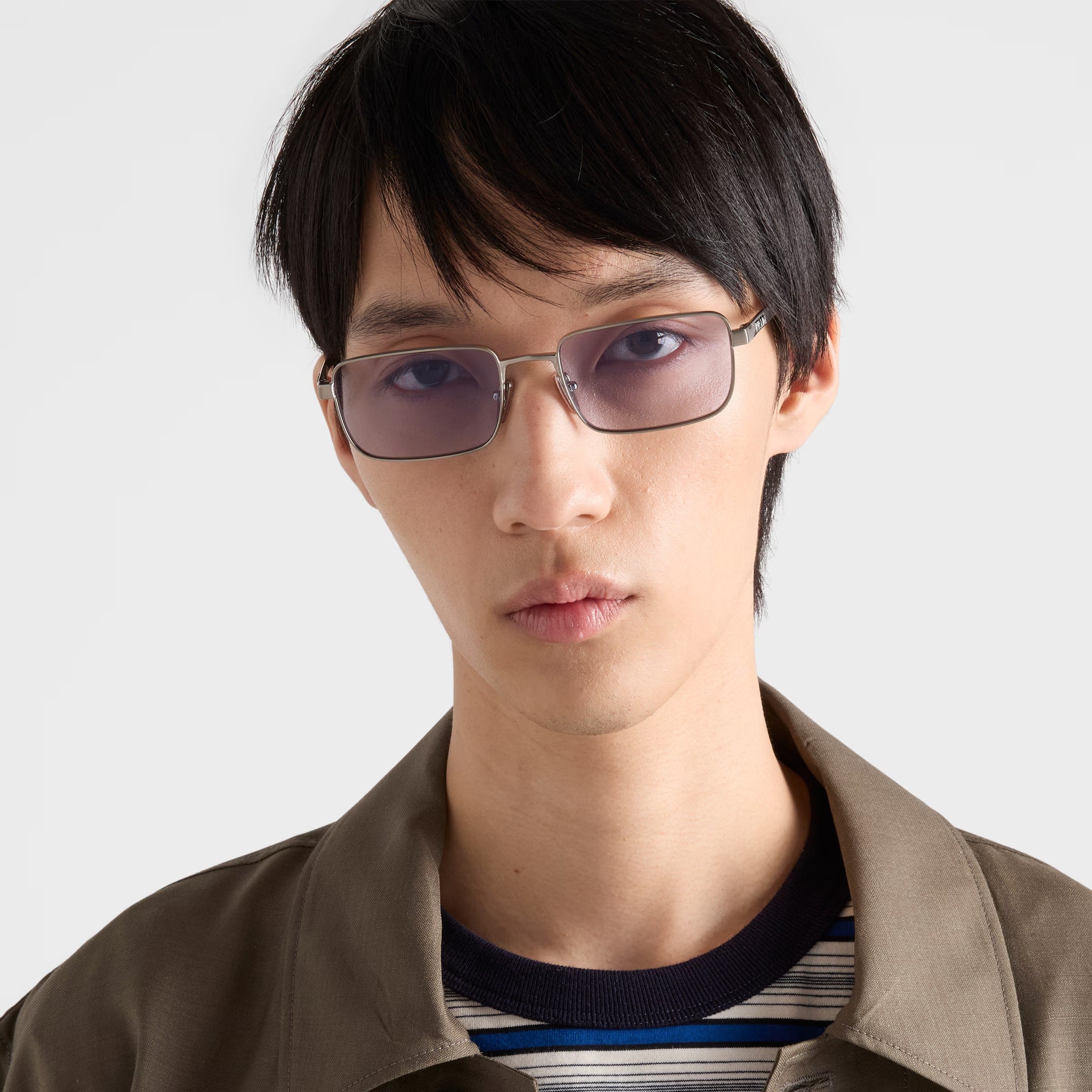 Prada Men Rectangular Frame Brushed Steel Sunglasses