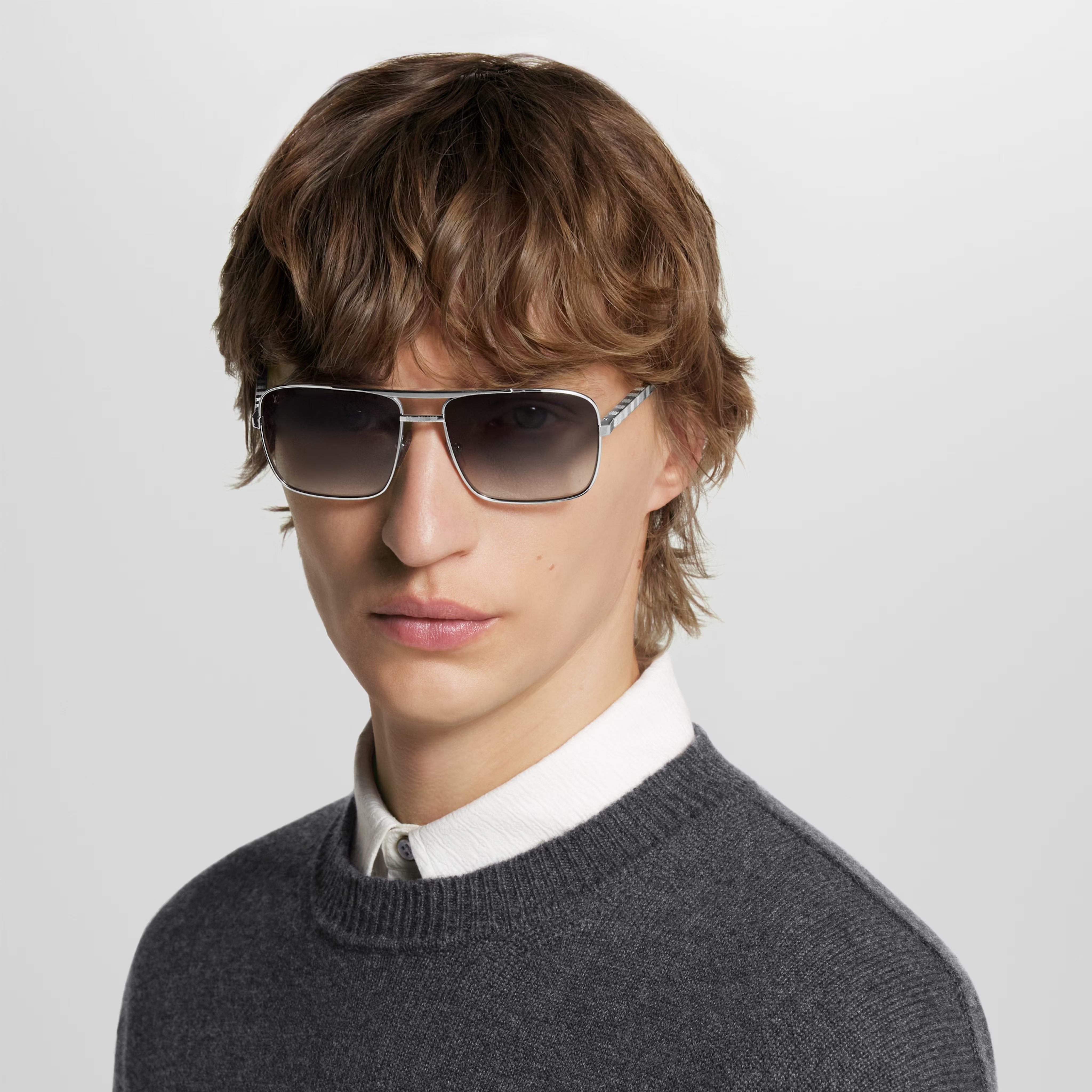 Louis Vuitton Men Square Frame Shiny Silver Sunglasses