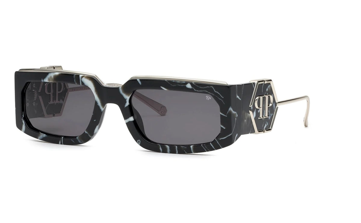 Philipp Plein SPP119M Unisex Black & White Marble with Silver-Tone Square Sunglasses