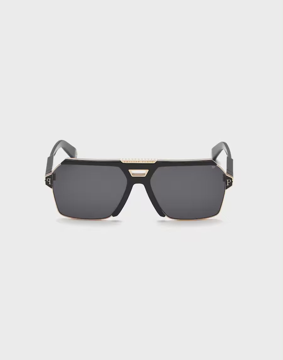 Load video: Philipp Plein Unisex Contemporary Flat-Top Aviator Black &amp; Gold Sunglasses