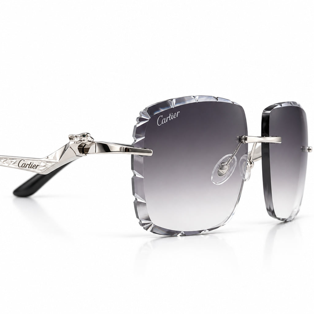 Cartier Panthère de Unisex Rimless Rectangular Grey Gradient Split Diamond Cut Sunglasses