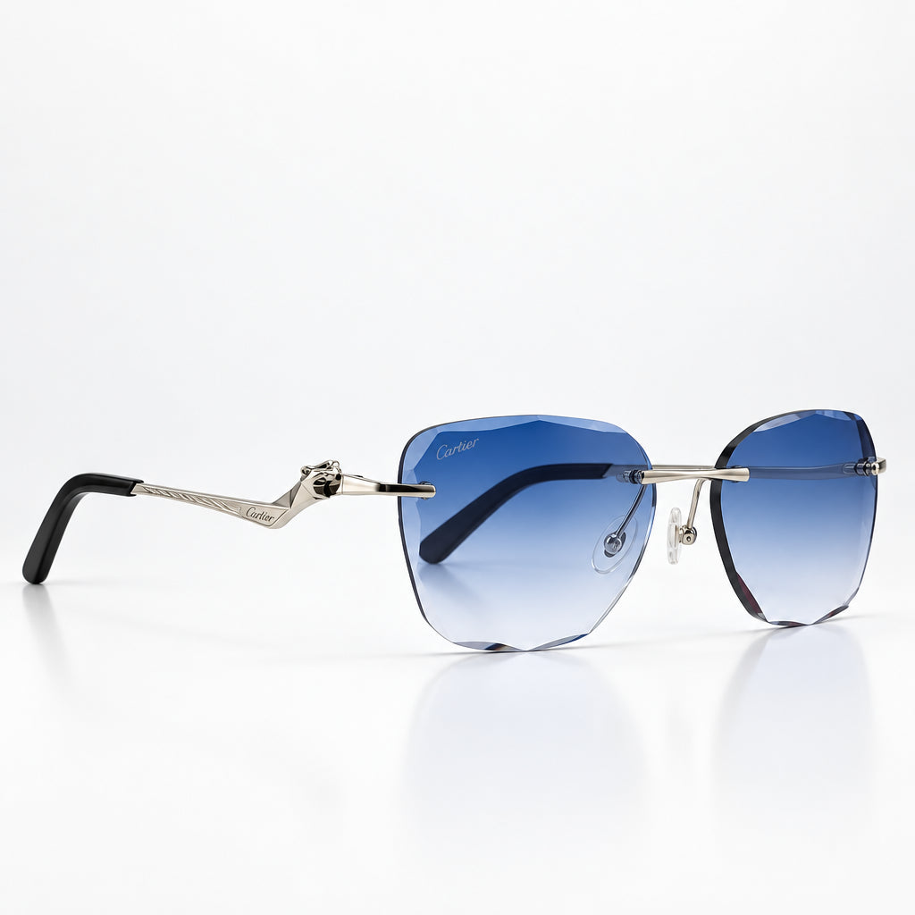 Cartier Panthère de Unisex Rimless Rectangular Blue Gradient Split Diamond Cut Sunglasses