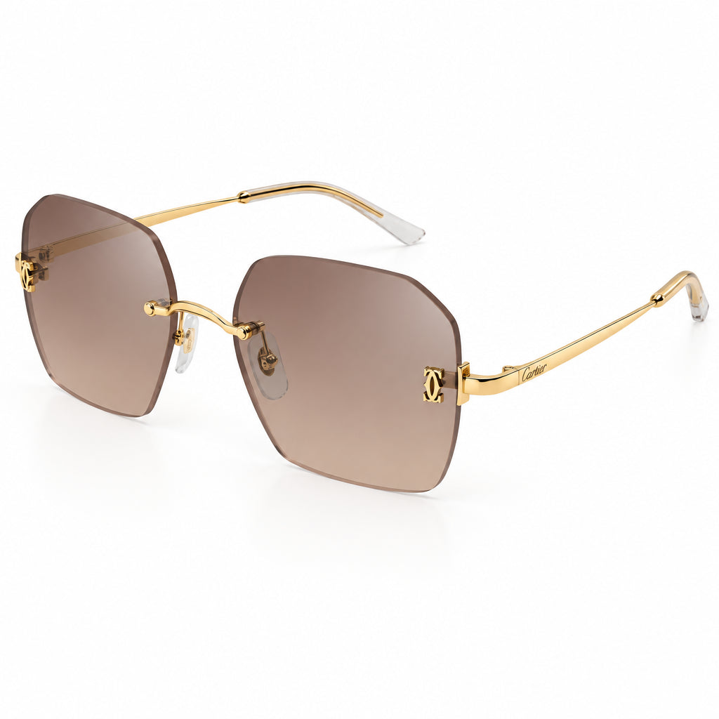 Cartier C De Motif Women Rimless Rectangle Gold Brown Sunglasses