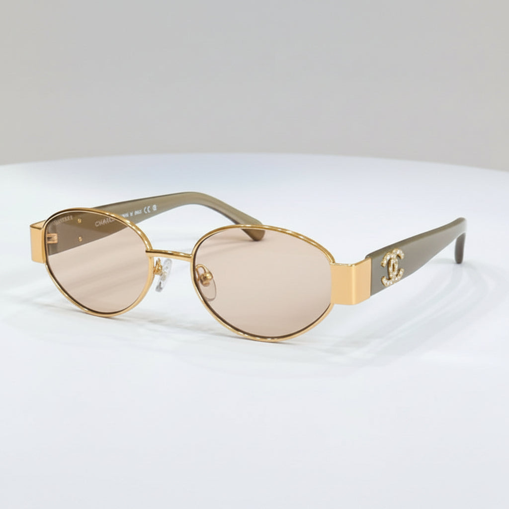 Chanel Women Oval Frame Beige Sunglasses